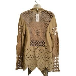 Sky Clothing Brand S NWT Wrap Jacket Knit Crochet Eyelet Smooth Taupe Beige Cozy